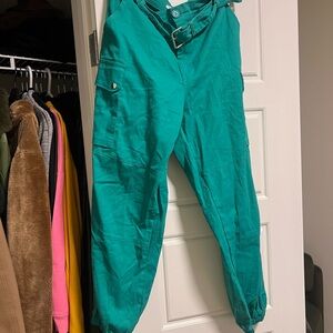 Fashion Nova Teal High-Rise Cargo Joggers with Belt